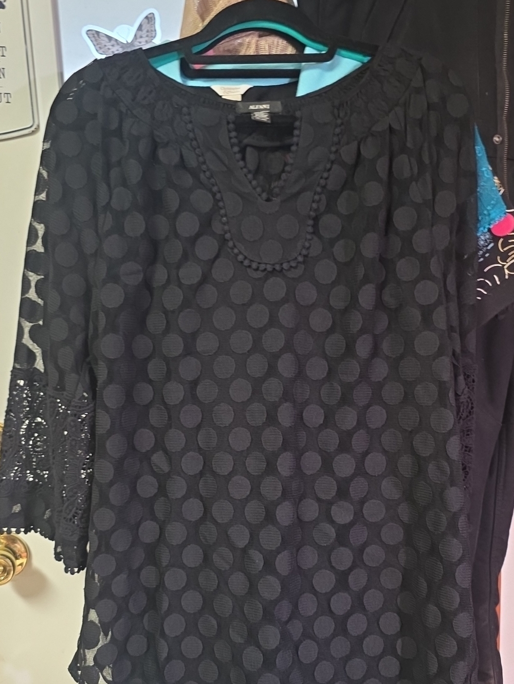 Alfani Black Polka Dot Lace-Sleeve Tunic